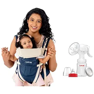LuvLap Elegant Baby Carrier with 4 Carry Positions for 4 to 24 Months Baby Max Weight Up to 15 Kgs (Dark Blue) & LuvLap Manual Breast Pump 3 Level Suction Adjustment