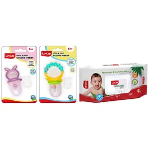 LuvLap Pearly Food & Fruit Nibbler & LuvLap Bunny Food & Fruit Nibbler & LuvLap Paraben Free Wipes for Baby Skin with Aloe Vera 72 Wipes with Lid Pack