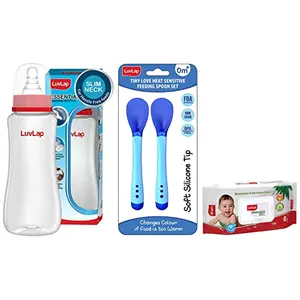 LuvLap Anti-Colic Slim/Regular Neck Essential Baby Feeding Bottle 250ml & Tiny Love Heat Sensitive Baby Feeding Spoons Set Blue & LuvLap Paraben Free Wipes for Baby Skin 72 Wipes with Lid Pack