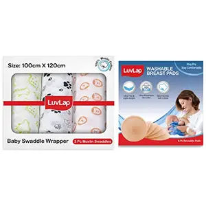 Luvlap Muslin Swaddle Animals White & LuvLap Washable Maternity Nursing Breast Pads 6 Pcs Reusable Leak-Proof