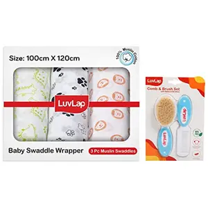 Luvlap Muslin Swaddle Animals White & LuvLap Baby Comb with Rounded Tip & Baby Hair Brush with Natural Bristles for Baby Hair Grooming & Better Protection of Baby's Scalp (White & Blue)