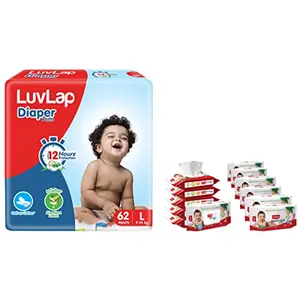 LuvLap Baby Diaper Pants L Size & Paraben Free wipes for baby skin with Aloe Vera Fragrance Free & chamomile extract Pack 6 Packs & Paraben Free Baby Wipes with Aloe Vera with Fliptop Lid