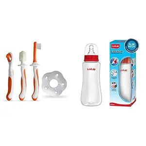 LuvLap Baby Training Toothbrush Set - 3 pcs (White/Orange) & LuvLap Anti-Colic Slim 250ml