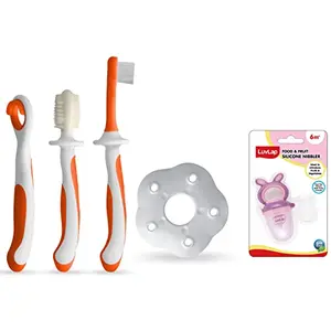 LuvLap Baby Training Toothbrush Set with Anti Choking Shield Teeth Tongue Cleaner Baby Oral Hygiene 3 pcs (White/Orange) & LuvLap Bunny Food & Fruit Nibbler