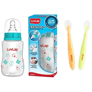 LuvLap Baby Feeding Spoon Set of 2 for Kids 4 Months+ (Green & Pink) & Luvlap Anti-Colic Slim Wild Flowers Baby Feeding Bottle 125ml Green