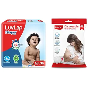 LuvLap Baby Diaper Pants New Born Size (NB) Pack of 60 Count Extra Small (XS) & Ultra Thin Honeycomb Nursing Breast Pads 48pcs