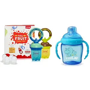 LuvLap Baby Food and Fruit Feeder Twin Pack with Three Feeder Sack Sizes BPA Free Brown and Blue & LuvLap Hippo Sipper Blue