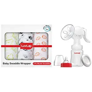 Luvlap Muslin Swaddle Animals White & LuvLap Manual Breast Pump 3 Level Suction Adjustment 2pcs Breast Pads Free Soft & Gentle BPA Free