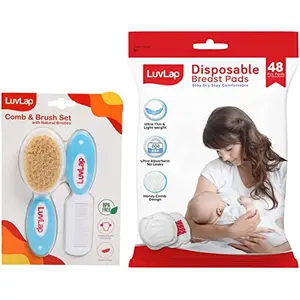 LuvLap Baby Comb with Rounded Tip & Baby Hair Brush with Natural Bristles (White & Blue) & LuvLap Ultra Thin Honeycomb Nursing Breast Pads 48pcs Disposable High Absorbent Discreet Fit