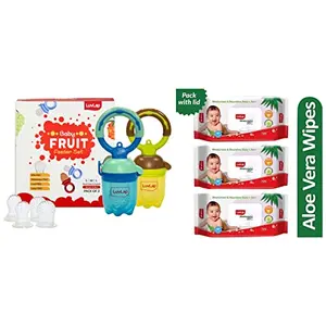 LuvLap Baby Food and Fruit Feeder Twin Pack with Three Feeder Sack Sizes & LuvLap Paraben Free Wipes for Baby Skin with Aloe Vera 72 Wipes/Pack with Lid Pack 3 Packs