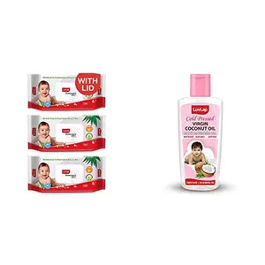 LuvLap Paraben Free wipes for baby skin 72 Wipes/Pack With Lid Pack 3 packs & Baby Hair & Skin Oil 100% Natural Cold Pressed Virgin Coconut Oil Baby Massage Oil Prevents Diaper Rash 200ml