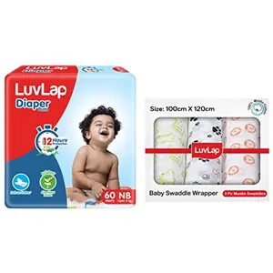 Luvlap Muslin Swaddle Animals White & Baby Diaper Pants New Born Size with Aloe Vera Lotion for Rash Protection Pack of 60 Count with Upto 12Hr Protection for Babies of Upto 5Kg Extra Small