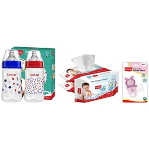 LuvLap Anti-Colic Wide Neck Natura Flo Baby Feeding Bottle & Bunny Food & Fruit Nibbler & 99% Pure Water Baby Wipes Paraben Free Hypoallergenic Gentle & Nourishing Cleansing