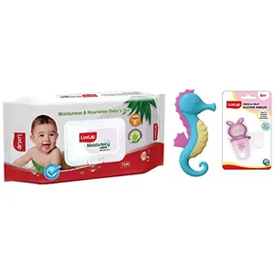 LuvLap Sea Horse Baby Teether Multicolor & LuvLap Bunny Food & Fruit Nibbler & LuvLap Paraben Free Wipes for Baby Skin with Aloe Vera Fragrance Free pH Balanced 72 Wipes with Lid Pack