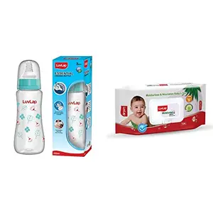LuvLap Anti-Colic Slim/Regular Neck Essential Baby Feeding Bottle 250ml & LuvLap Paraben Free Wipes for Baby Skin with Aloe Vera 72 Wipes with Lid Pack