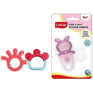 LuvLap Baby Silicone Teether for Teething Gums Dual Pack Teething Toy for Infants and Babies 100% Food Grade Silicone Finger & Ring Design with Textured surfac & LuvLap Bunny Food & Fruit Nibbler