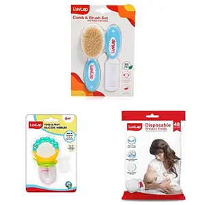 LuvLap Baby Comb with Rounded Tip & Baby Hair Brush with Natural Bristles & Pearly Food & Fruit Nibbler & Ultra Thin Honeycomb Nursing Breast Pads 48pcs