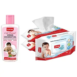 LuvLap 99% Pure Water Baby Wipes 72 Wipes/Pack 3 Packs & LuvLap Baby Hair & Skin Oil 200ml