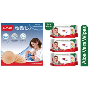 LuvLap Washable Maternity Nursing Breast Pads 6 Pcs Reusable Leak-Proof & LuvLap Paraben Free Wipes for Baby Skin/Pack with Lid Pack 3 Packs