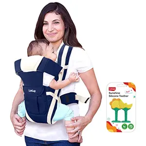 LuvLap Elegant Baby Carrier with 4 Carry Positions for 4 to 24 Months Baby Max Weight Up to 15 Kgs (Dark Blue) & Sunshine Silicone Teether Dual Design Pack (Yellow) 3m+ 2 pcs