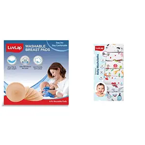 LuvLap Washable Maternity Nursing Breast Pads 6 Pcs Reusable Leak-Proof & LuvLap Hosiery Cotton Cloth Premium Baby Washcloth