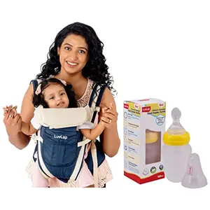 LuvLap Elegant Baby Carrier with 4 Carry Positions for 4 to 24 Months Baby (Dark Blue) & Feeding Spoon with Squeezy Food Grade Silicone Feeder Bottle 180ml