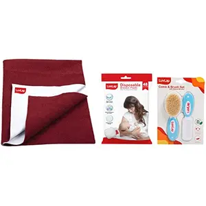 LuvLap Instadry Anti-Piling Fleece Extra Absorbent Quick Dry Sheet 100x140cm Maroon & Ultra Thin Honeycomb Nursing Breast Pads 48pcs & Baby Comb with Rounded Tip & Baby Hair Brush(White & Blue)
