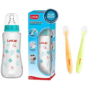 LuvLap Baby Feeding Spoon Set of 2 with Ultra Supple Silicone Tip & LuvLap Anti-Colic Slim/Regular Neck Essential Baby Feeding Bottle 250ml