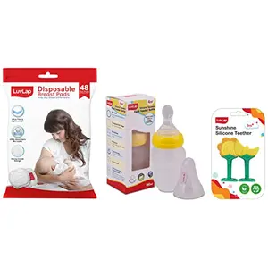 LuvLap Easy Squeezy Food Feeder - 180 ml & LuvLap Sunshine teether & LuvLap Ultra Thin Honeycomb Nursing Breast Pads 48pcs Disposable High Absorbent Discreet Fit