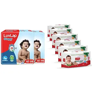 LuvLap Baby Diaper Pants Pack of 120 Count (60x3) Extra Small (XS) & LuvLap Paraben Free wipes for baby skin/Pack 6 Packs