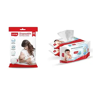 LuvLap Ultra Thin Honeycomb Nursing Breast Pads 48pcs & 99% Pure Water Baby Wipes Gentle & Nourishing Cleansing with Fliptop Lid retains Moisture for Long 72 Wipes/Pack 3 Packs