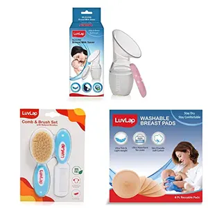 Luvlap Silicone Food Grade Breast Milk Catcher/Saver(White 100ml) & Baby Comb with Rounded Tip & Baby Hair Brush with Natural Bristles & Washable Maternity Nursing Breast Pads 6 Pcs