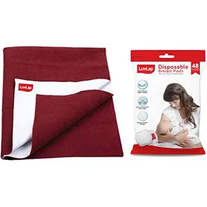 LuvLap Instadry Anti-Piling Fleece Extra Absorbent Quick Dry Sheet for Baby Small Size 100x140cm Pack of 1 Maroon & Ultra Thin Honeycomb Nursing Breast Pads 48pcs