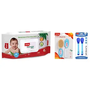 LuvLap Baby Comb with Rounded Tip & Baby Hair Brush with Natural Bristles & Better Protection of Baby's Scalp & Tiny Love Heat Sensitive Baby Feeding Spoons Set & Baby Spoon