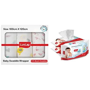 Luvlap Muslin Swaddle Birds White & LuvLap 99% Pure Water Baby Wipes Paraben Free Hypoallergenic Gentle & Nourishing Cleansing with Fliptop Lid retains Moisture for Long 72 Wipes/Pack 3 Packs