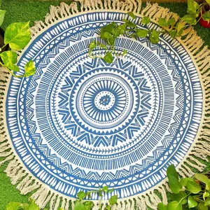 Masu Living Round boho rug/Meditation mat | Mandala Print Handcrafted Mat for Living Room Bedroom Kitchen Entryway (Blue & White)