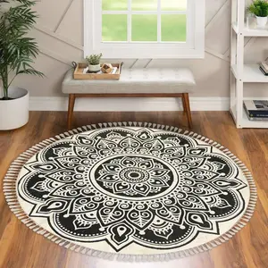 Masu Living Round boho rug/Meditation mat | Mandala Print Handcrafted Mat for Living Room Bedroom Kitchen Entryway (Black & Beige)