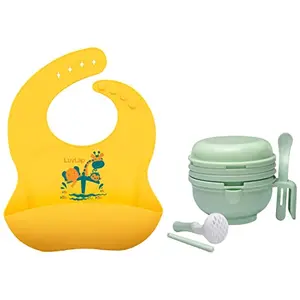 LuvLap 9 in 1 Baby Food Masher Mill (Light Green) & Silicone Baby Bib for Feeding & Weaning Babies & Toddlers (Yellow)