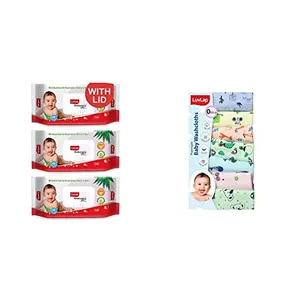 LuvLap Paraben Free wipes for baby skin with Aloe Vera 72 Wipes/Pack With Lid Pack 3 packs & Premium Baby Washcloth for New Born Extra Soft Face Towels/Washcloth for Babies 7 Pcs Car