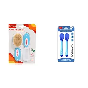 LuvLap Baby Comb with Rounded Tip & Baby Hair Brush (White & Blue) & Tiny Love Heat Sensitive Baby Feeding Spoons Set Food Grade PP Kids & Baby Spoon with Soft Silicone Tip 2 pcs Blue