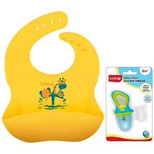 Luvlap Silicone Baby Bib for Feeding & Weaning Babies & Toddlers (Yellow) & Silicone Food/Fruit Nibbler with Extra Mesh Elegant Blue