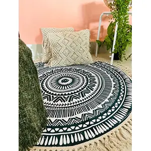 Masu Living Round Boho Chakra Rug & Meditation Mat | Mandala Print Handcrafted Mat for Living Room Bedroom Kitchen Entryway (Green & White)