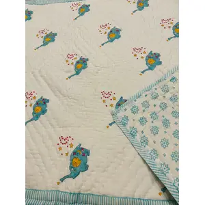Masu Living Block Print Reversible Quilt- Flying elephants Ideal for upto 7 years age