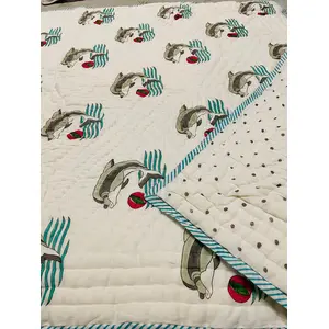 Masu Living Block Print Reversible Quilt- Dancing Dolphins Ideal for upto 7 years age
