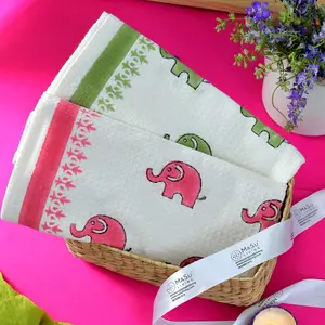Masu Living Pink & Green Elephants Bath Towel | Quick Dry Super Absorbent - Set of 2