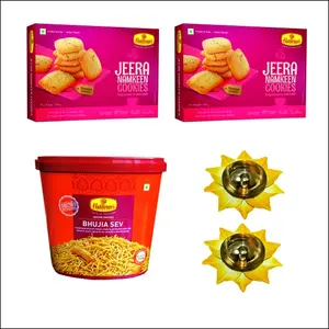 Haldiram's Nagpur Jeera Namkeen Cookies Pack of 2 (250 g x 2) Bhujia Sev Jar700g with 2 Small Diya