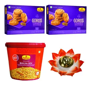 Haldiram's Nagpur Gorus Cookies Pack of 2 (250 g x 2) Bhujia Sev Jar700 gm with Large Diya