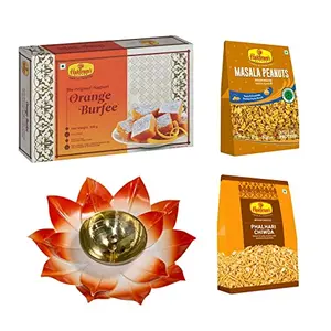 Haldiram's Nagpur Orange Burfee 500 Grams Masala Peanuts(200 gm)Phalhari Chiwda(200 gm) with Large Diya