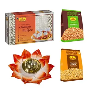 Haldiram's Nagpur Orange Burfee 500 Grams Phalhari Chiwda(200 gm)Tasty Nuts (200 gm) with Large Diya