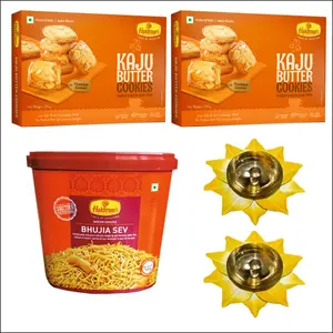 Haldiram's Nagpur Kaju Butter Cookies Pack of 2 (250 g x 2) Bhujia Sev Jar700g with 2 Small Diya